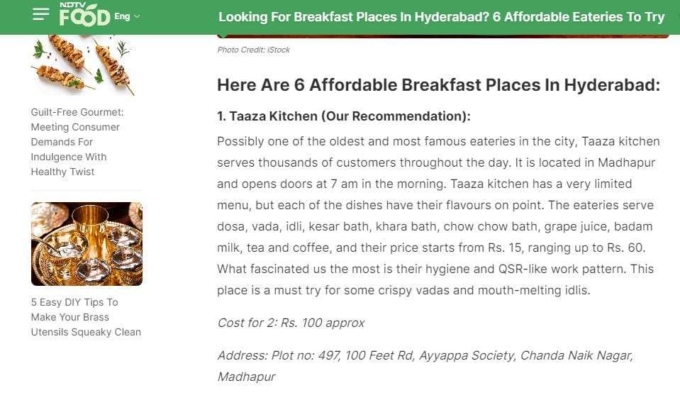 NDTV Food – Taaza Kitchen Article