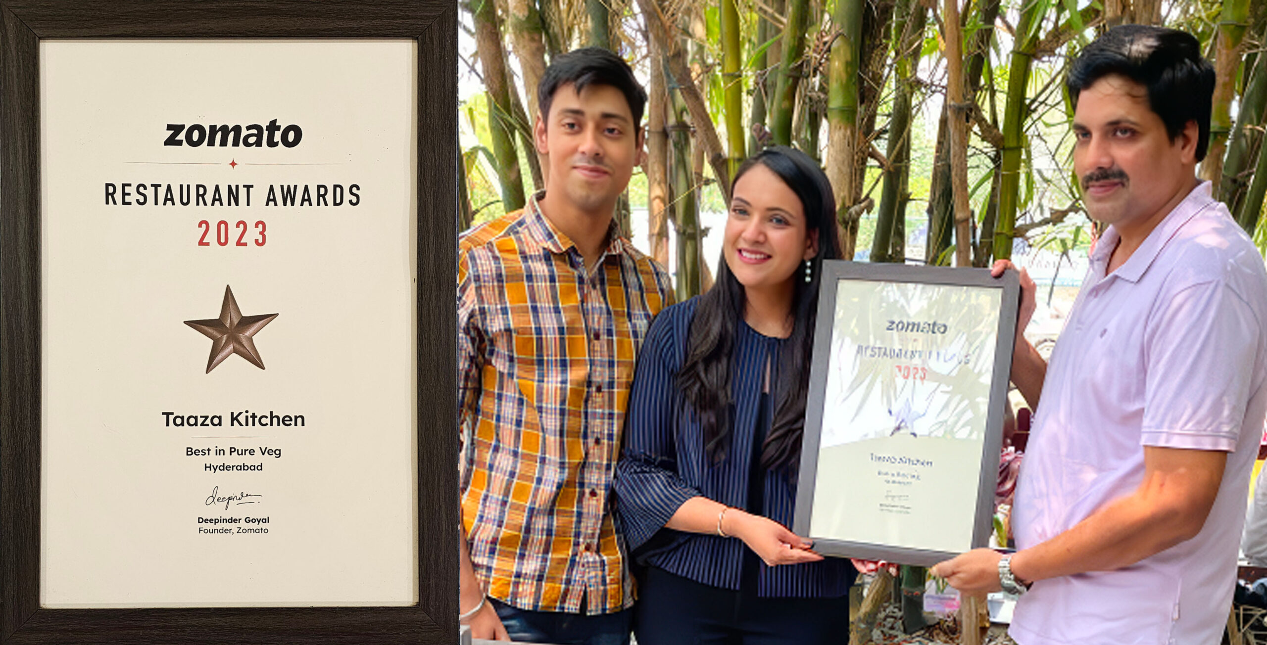 Taaza Kitchen receiving Zomato Restaurant Awards 2023 – Best in Pure Veg, Hyderabad